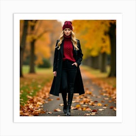 Autumn Woman In Black Coat 1 Art Print