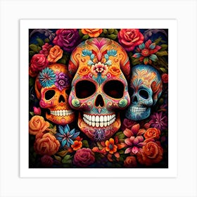 Maraclemente Many Sugar Skulls Colorful Flowers Vibrant Colors 11 Art Print