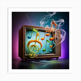 A Vibrant, Surrealistic Portrait Photograph Depicting A Vintage, Wooden Cased Television Set With A Distressed, Retro Aesthetic, Placed Against A Dark, Gradient Blue Background That Fades To Purple Hues, As If The Tv Is Radiating Beautiful Notes Art Print