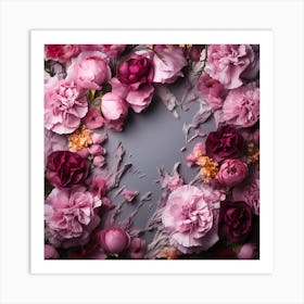 Pink Peony Flowers On Gray Background Art Print