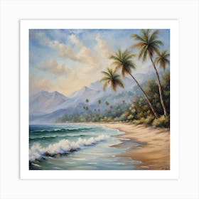 Palm Trees On The Beach,A Tranquil Beach Scene With Palm Trees And Gentle Waves art print Art Print