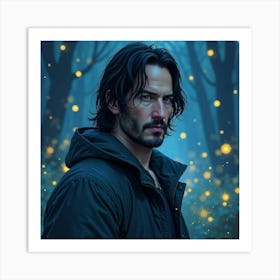 Keanu Reeves In A Mystical Watercolor Night Scene With Glowing Fireflies 1 Art Print