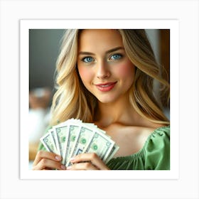 Beautiful Blonde Woman Holding Money 1 Art Print