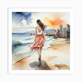 Watercolor Of A Girl Walking On The Beach Art Print