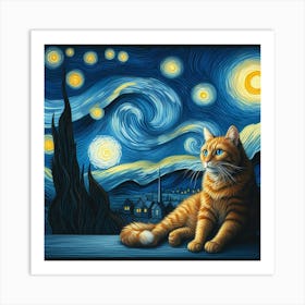 van goth Starry Night Cat 1 Art Print