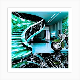 Harley Davidson Resting Infront of Billionaire's Living Room Modern Wall Art Art Print