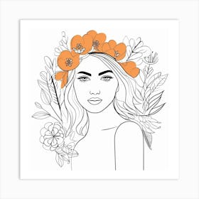 line art Portrait Of A Woman With Flower head crown Art Print