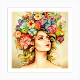 Girl With Flowers On Her Head AI Print Art Print