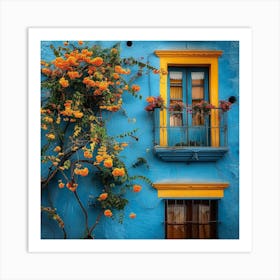 Blue House With Flowers 1 Art Print