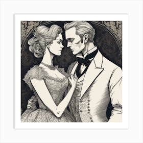 Victorian Couple Monochrome Cubism Style Art Print