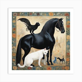 Black Horse And Cats Art Print