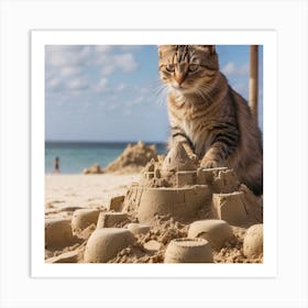 Cat Playing In Sand Castle Art Print