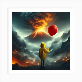 A Boy Wearing A Yellow Rain Coat Holding A Red Ballon, Standing In Front Of A Smokey Volcano, Digital Art 4 Art Print