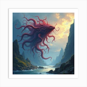 Watercolor Medusa In A Dramatic, Mythical Landscape 1 Art Print