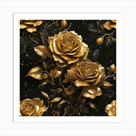 Gold Roses On Black Background 1 Art Print