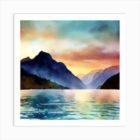 Watercolor Of A Lake, Fiordland National Park 1 Art Print