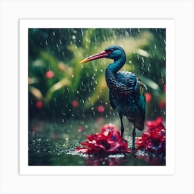 Red Beaked Blue Bird with Hibiscus Flowers Art Print