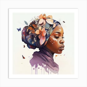 Watercolor Floral Muslim African Woman #4 Art Print