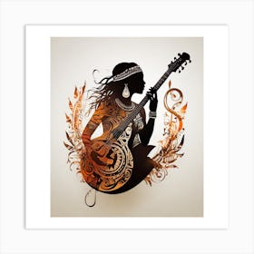 Silhouette Of A Woman Playing Guitar Art Print