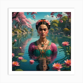 Frida Kahlo On The Lake of Blossom Art Print