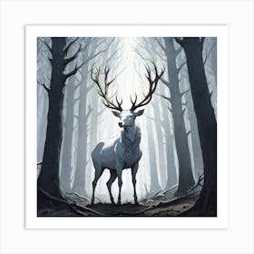 A White Stag In A Fog Forest In Minimalist Style Square Composition 1 Art Print