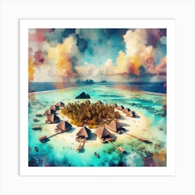 Ocean’s Embrace, An abstract piece in watercolors emphasizing on the circular embrace of the atoll around its central lagoon. This artwork would fit well in a dining room or a kitchen, where it can add some color and warmth to the space. 1 Art Print