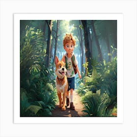 Boy And Dog In The Forest Art Print