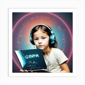 Girl With Headphones And Laptop Art Print