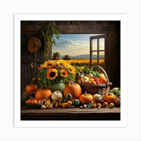 Abundant Autumn Harvest Fresh Seasonal Vegetables Cornucopia Overflowing Pumpkin Centerpiece Nat 2 1 Art Print