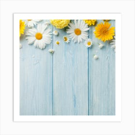 Daisies On Blue Wooden Background Art Print