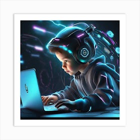 Young Boy Using A Laptop Art Print