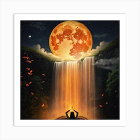 Full harvest moon with orange light waterfall and autumn leaves Art Print