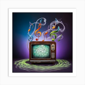 A Vibrant, Surrealistic Portrait Photograph Depicting A Vintage, Wooden Cased Television Set With A Distressed, Retro Aesthetic, Placed Against A Dark, Gradient Blue Background That Fades To Purple Hues, As If The Tv Is Radiating Beautiful Notes 2 Art Print