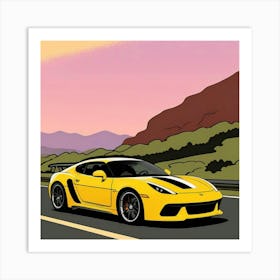 Speed and Style: Striped Sports Car Close-Up Yellow Sports Car On The Road Art Print