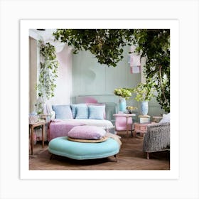 Pink And Blue Living Room Art Print