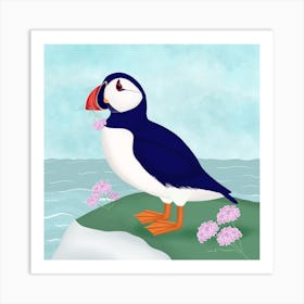 Cute Puffin By The Sea Square Art Print