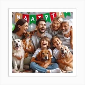 Happy Family With Dogs Art Print