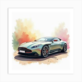 Aston Martin Db11 Amr Amidst A Colorful Watercolor Setting, No Signature Or Logo 1 Art Print