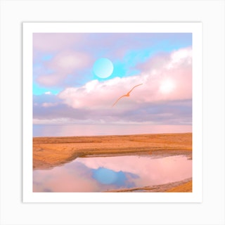Moon Reflexion With Pink Seagull Square Art Print