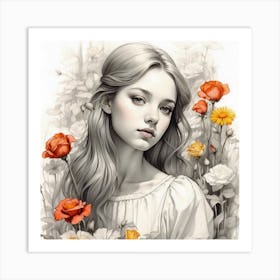 Girl With Flowers Art Print