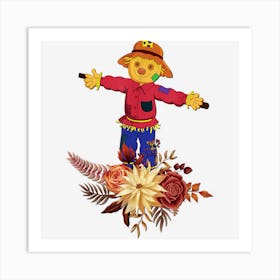 Fall Scarecrow And Flowers Friendly Cute Autumn Thanksgiving Art Print