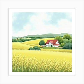 French Countryside In Watercolor With A Charming Farmhouse And Rolling Fields 1 Art Print