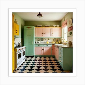 A retro-style kitchen with pastel colors with checkered flooring. Art Print