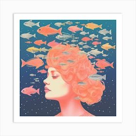 Surreal Woman & Floating Fish Portrait Art Print