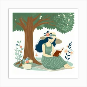 Girl Reading A Book Under A Tree, Vector Style Art Print