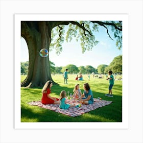 Family Enjoys A Leisurely Day In The Park Picnic Setup On A Checkered Blanket Laughter Playing Fr (1) Poster