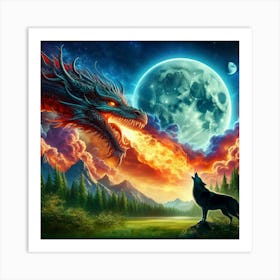 Fire Dragon and Wolf Art Print