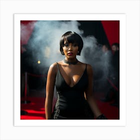 A Smoking Hot Voluptuous Sexy Black Woman In A Black Latex Dress Smoke in Back on Red Carpet - Created by Midjourney Art Print