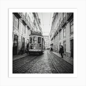 Black And White Photo Lisbons Vintage Tramway Weaving Through Narrow Historic City Streets Tram D (5) Art Print