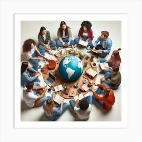 Group Of People Sitting Around A Globe Art Print